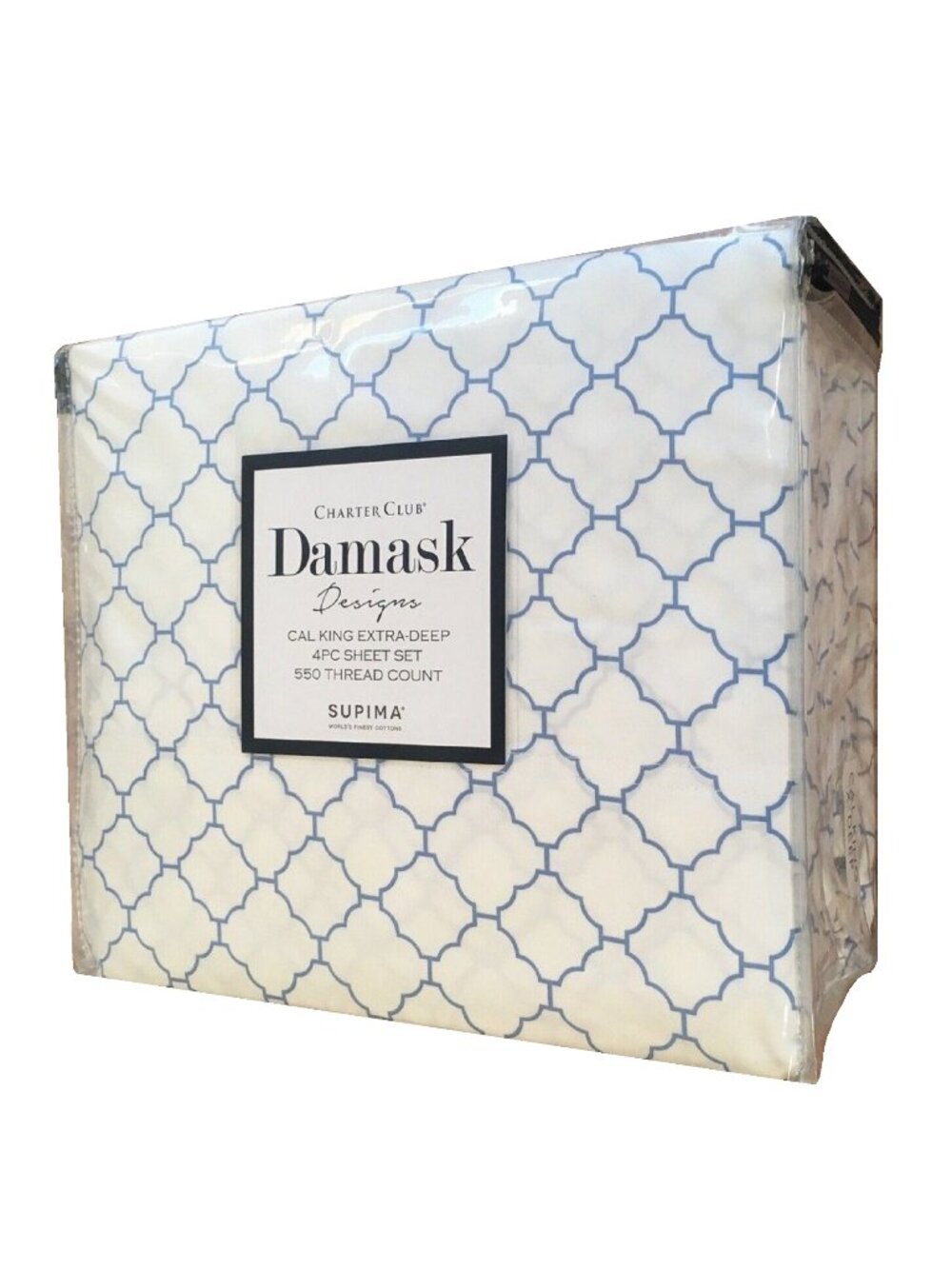 new ARABESQUE Charter Club 550 TC Cotton CAL KING X-Deep Sheet Set BLUE on WHITE